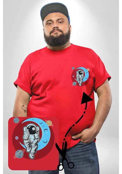 Angemiel Astronot Uzayda Sıkılmış Kırmızı Büyük Beden Kadın Basic Minimal Baskılı Tişört Kırmızı