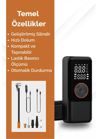 4500 Mah Şarjlı Taşınabilir Araba Lastik Hava Top Şişirme Pompası Led Işıklı Dijital Hava Kompresörü Siyah