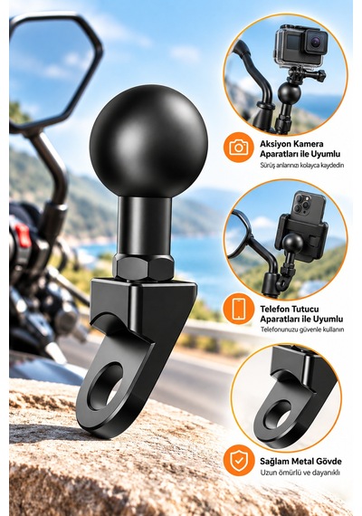 Rbh-rm-25.4n Motosiklet Toplu Ayna Bağlantı Aparatı 25.4 Mm Telefon Ve Aksiyon Kamera Tutucu Uyumlu Siyah