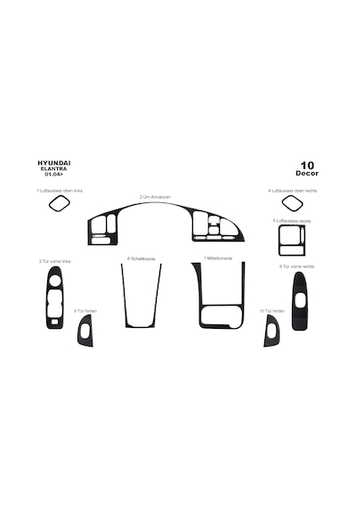 Hyundai Elantra Torpido Kaplama 2004-2007 10 Parça Siyah Karbon
