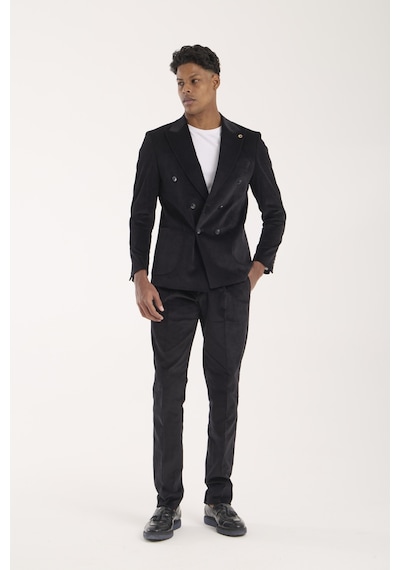 Erkek Slim Fit Kalıp Kruvaze Kadife Takım Elbise Siyah