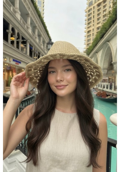 Mollycrush Kadın Yazlık Bej Renk Hasır Plaj Şapkası Bohem Tatil Aksesuarı Bej