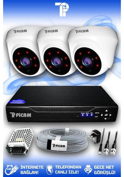 Picam 3 Kameralı Dome 3 İç Kamera Set HDD'siz Full HD Gece Görüşlü Güvenlik Kamerası Sistemi