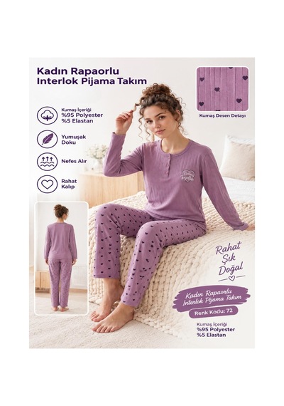 Boyraz Lindros Kadın Düğme Yaka Raporlu İnterlok Kışlık Pijama Takımı 02787 - 1 Adet Mor