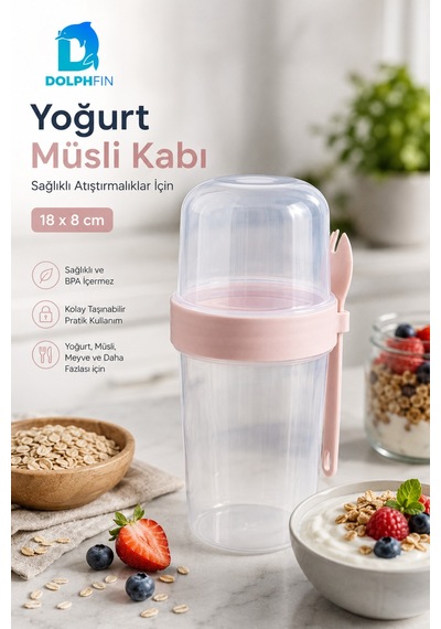 Yoğurt Müsli Kabı Kaşıklı Çift Bölmeli Sızdırmaz Taşınabilir Pembe 18x8 Cm Beyaz