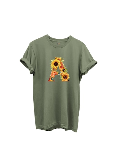 Ayçiçek Desenli A Harfi Baskılı %100 Pamuk Regular Fit Unisex T-shirt Haki