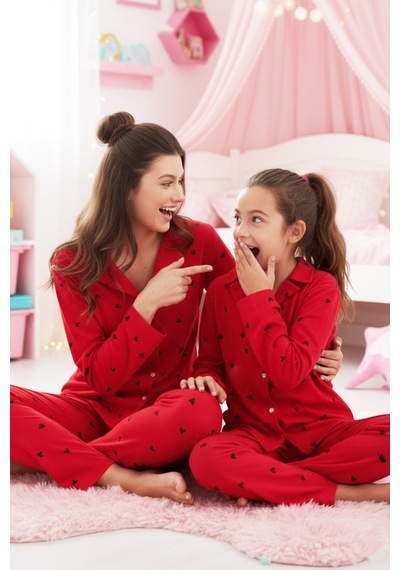 Siyah İnci Kırmızı Pamuklu Düğmeli Pijama Takımı