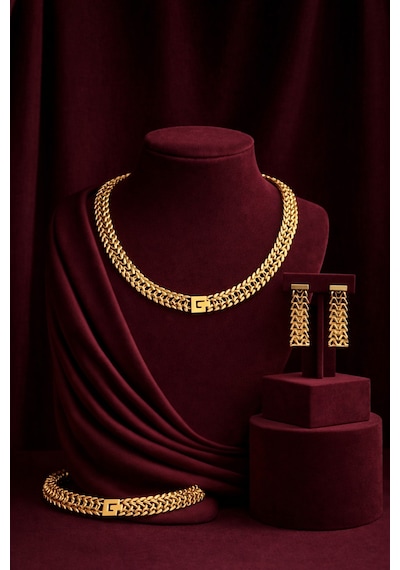 Elarisse Altın Kaplama New Design Lux Kolye Bileklik Küpe Takı Seti Exclusive