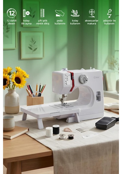 Kiwi Ksw-3072 Dikiş Makinesi 12 Desen & Çift İplik & Ayak Pedallı Beyaz