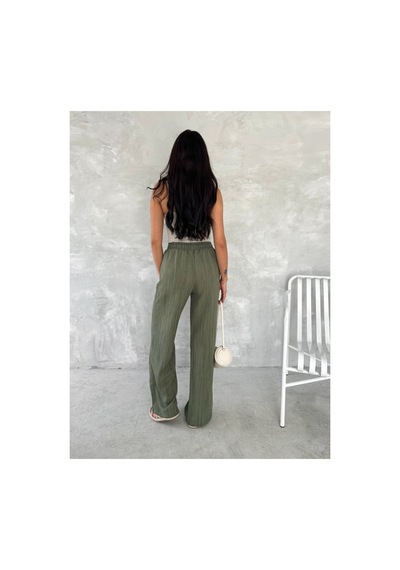 Gugus Trend Kadın Beli Lastikli Bol Paça Wide Lige Eskitme Keten Pantolon Haki