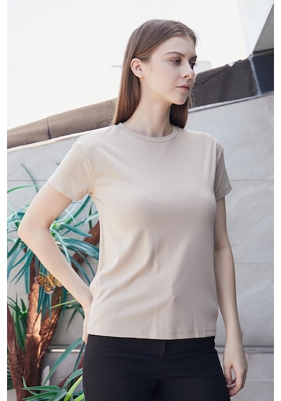 Jument Kadın Sıfır Yaka Kırışmaz Span Karışımlı Şık Kısa Kol Likralı T-shirt Bluz-koyu Bej K.bej Jument Kadın Sıfır Yaka Kırışmaz Span Karışımlı Şık Kısa Kol Likralı T-shirt Bluz-koyu Bej K.bej