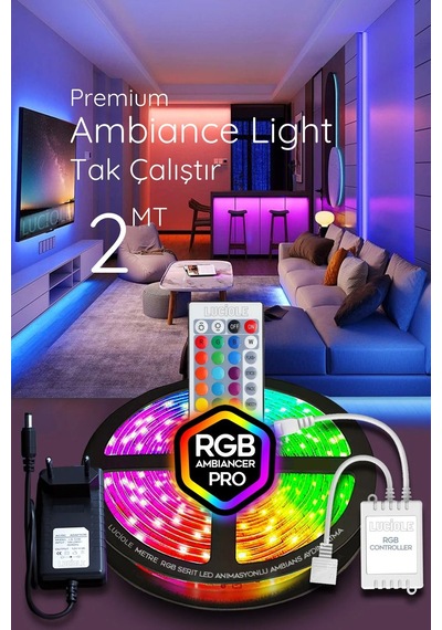 2 Mt Şerit Led Animasyonlu Tak Çalıştır Kumandalı Rgb Işık Duvar Aydınlatma Ambiyans Abajur
