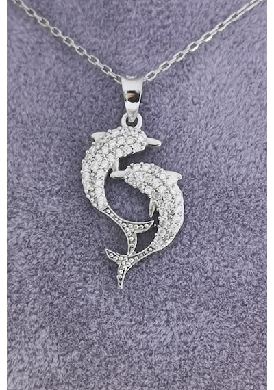 Omar Silver Kadın Çift Yunus Model Zirkon Taşlı Gümüş Kolye (513866973)