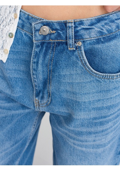 Dilvin 71790 Boru Paça Efektli Kumaş Denim Pantolon-mavi Mavi