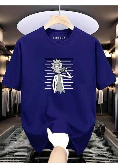 Adam Baskılı Oversize Siyah T-shirt Saks Mavisi