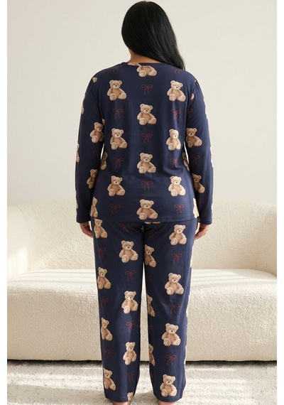 Siyah İnci Pamuklu Likralı Büyük Beden Battal Boy Örme Pijama Takım 26240879 Lacivert