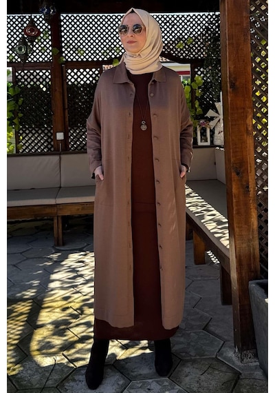 Rabia Şamlı Panço Triko Hırka Sütlü Kahve Normal