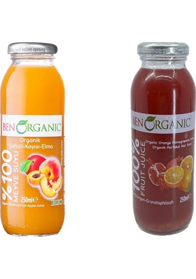 Ben Organic Organik Kayısı Şeftali Elma + Portakal Nar Suyu 2'li Paket