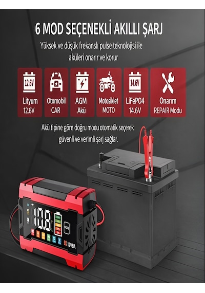 12v/8a Pulse Onarım Modlu Akü Şarj Cihazı Dijital Göstergeli Akıllı Akım Korumalı - Kış/yaz