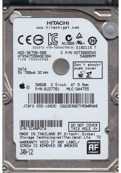 Hitachi HTS547550A9E384 500 GB 5400 RPM 2.5" 655-1683C SATA HDD
