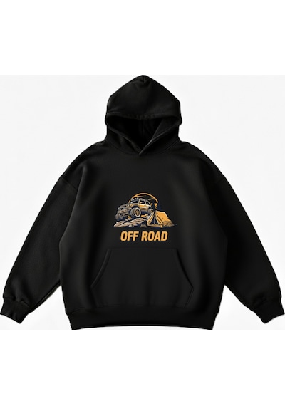Maki Home Makiteks Siyah Pamuklu Unisex Cepli Kapüşonlu Rahat Kesim Off Road Baskılı Sweatshirt SiYAH