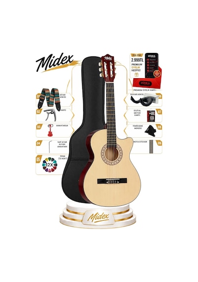 Midex Cg-395nt Natural Renk Kesik Klasik Gitar 4/4 Yetişkin Boy Sap Ayarlı Full Set