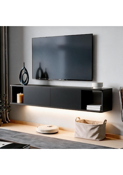 İnarch Dizayn Twist Led Işıklı Duvara Monte Tv Sehpası - 2 Kapaklı Antrasit