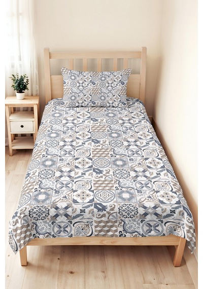 Geometrik Çini Gri Genç Odası Tek Kişilik Pike Takımı - Bej Modern 160x220 Cm Kapitone Yatak Örtüsü Mahmur Koru Dokunuşu