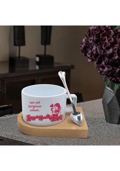 Anneler Günü Temalı Ahşap Altlıklı Seramik Fincan Hk2643