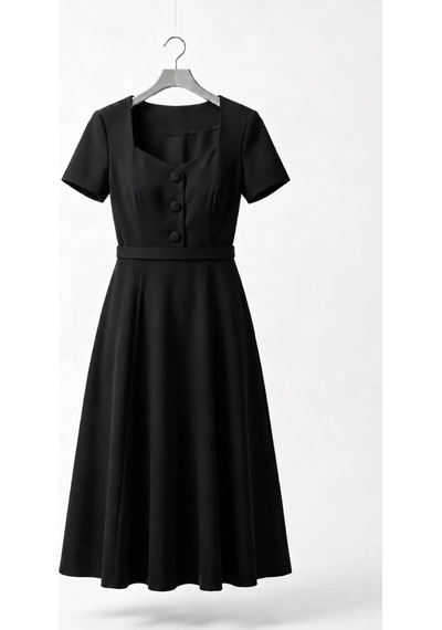 Rovebella Siyah Vatkalı Kare Yaka Midi Elbise