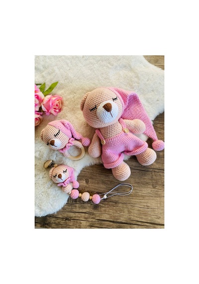 Adenya Sepeti Masala Ayıcık Set Pembe Renk Örgü Amigurumi Oyuncak + Diş Kaşıyıcı + Emzik Askısı