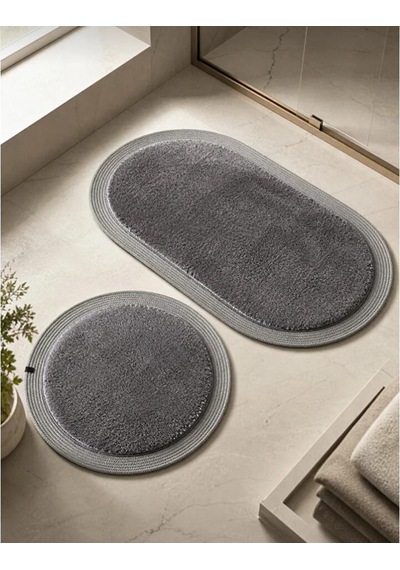 Kaymaz Taban Peluş Banyo Paspası Seti Siyah Rengi Jüt Kenar Detaylı 2'li Oval Yuvarlak 100x60 60x60