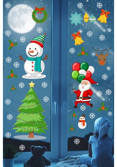 Yılbaşı Sticker Noel Baba Pencere Süsleri Ve Kar Taneleri Temalı Pencere Sticker