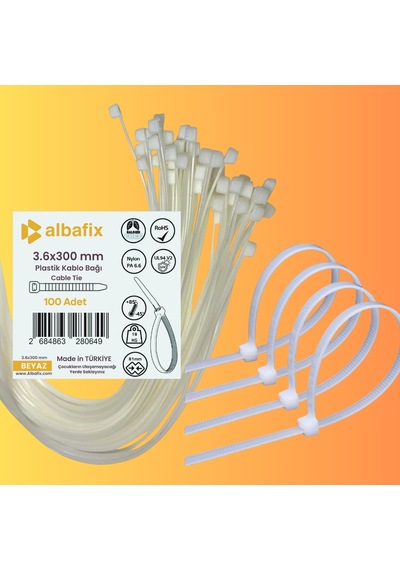 3.6x300 Mm Şeffaf Beyaz Plastik Kablo Bağı Klipsi Cırt Kelepçe 100 Adet