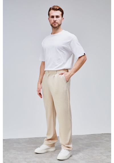HLT Jeans Erkek Bej Çift Pileli Rahat Kesim Beli Lastikli Bol Paça Baggy Pantolon Albert-1991 Bej