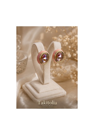 Rosen Sarı Gold Detaylı Zirkon Taşlı Vintage Görünümlü Şık Modern Kadın Küpe Pembe