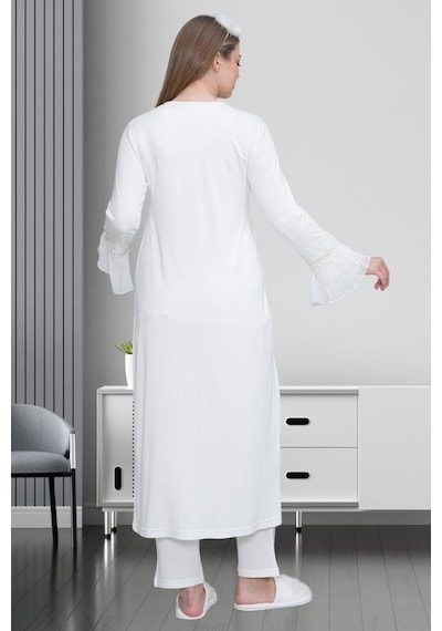 Mecit Pijama Mecit 1517 Bayan Hamile Lohusa Ekru Sabahlıklı Pijama Takımı