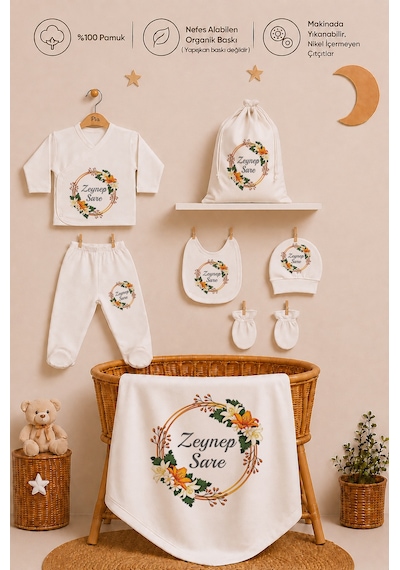 Pia Baby Kız Bebek Hastane Seti 8 Parça %100 Pamuk İsimli Zıbın Battaniye Yastık Kılıfı Ve Kese Seti 1118zybk0x Krem