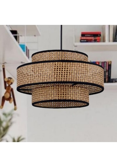 Otantik Trio Metal Kasalı Kahve Hasır Kaplama Rattan Salon Avize Üç Katlı Pasta Yatak Odası Sarkıt Kahve - Siyah