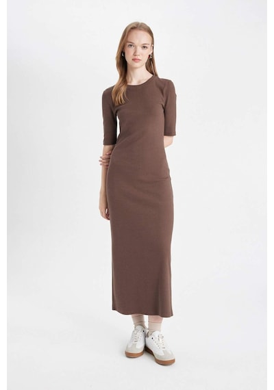 Defacto Bodycon Vücuda Oturan Bisiklet Yaka Basic Düz Fitilli Kaşkorse Kısa Kollu Maxi Elbise D8623AX24AUBN540