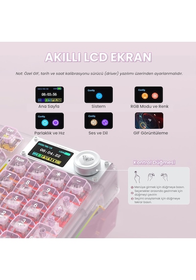 Aula F98 Pro V3 Oled Ekranlı Crystal Switch Makrolu Kablosuz Rgb Hot-swap Gasket Pre-lubed Switch Mekanik Klavye Şeffaf Pembe