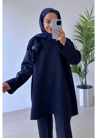 Kahijab Çiçekli Asimetrik Kesim Scuba Takım - Lacivert Lacivert