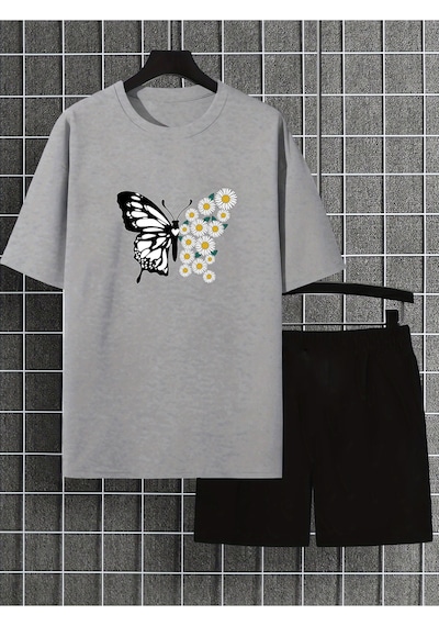 Uyguntarz Unisex Papatyakelebek Tasarım Basklı Tshirt Eşofman Takımı Gri
