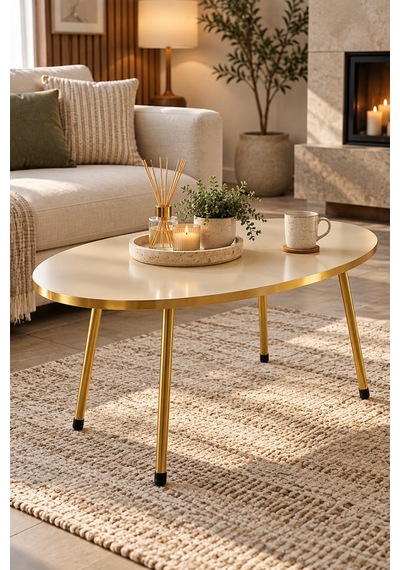 Sulorahome Gold Metal Oval Orta Sehpa Krem