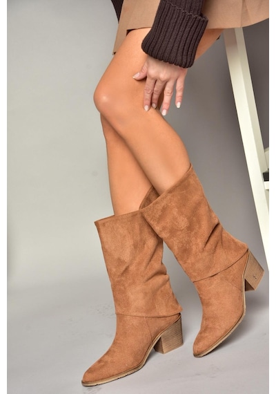 Fox Shoes T936042502 Taba Kalın Alçak Topuklu Kadın Bot Taba-Süet Taba