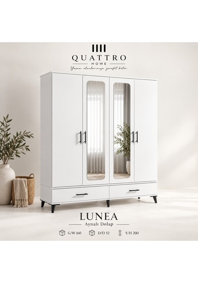 Lunea 4 Kapaklı Aynalı 2 Çekmeceli Gardırop Ahşap