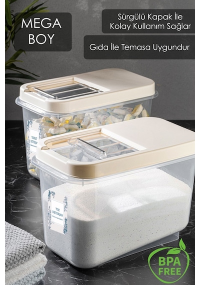 2'li 10 Lt Mega Etiketli Toz Tablet Deterjan Saklama Kutusu - Kayar Kapaklı Banyo Düzenleyici Krem Bej