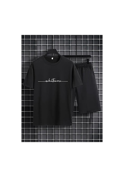 Medinenur El Yazı Detaylı Baskılı T-shirt Short Bol Paça Rahat Kalıp Siyah Alt Siyah Üst Short Takım Siyah