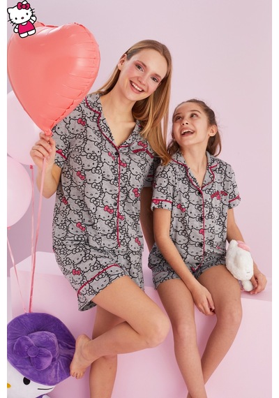 Siyah İnci Lisanslı %100 Pamuk Çok Renkli Düğmeli Biyeli Şort Pijama Takım Hk150 Gri