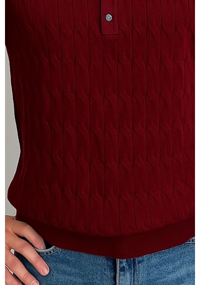 Tarz Cool Erkek Hakim Yaka Düğmeli Slim Fit Triko T-shirt Bordo